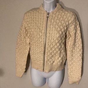 Women's Cream Wool Cable Knit Zipper Front Sweater
